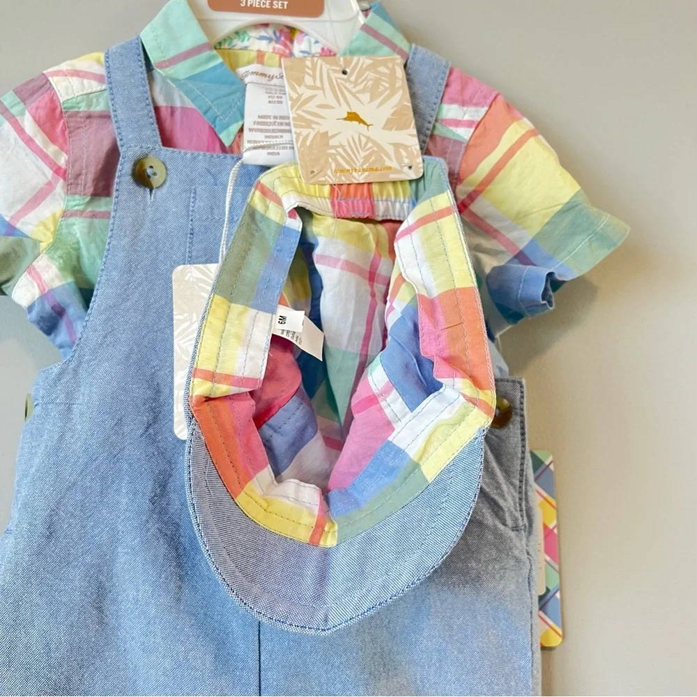 Tommy Bahama Kids 3 Piece Set Size 3-6M Plaid Shirt Romper Chambray Overalls Hat